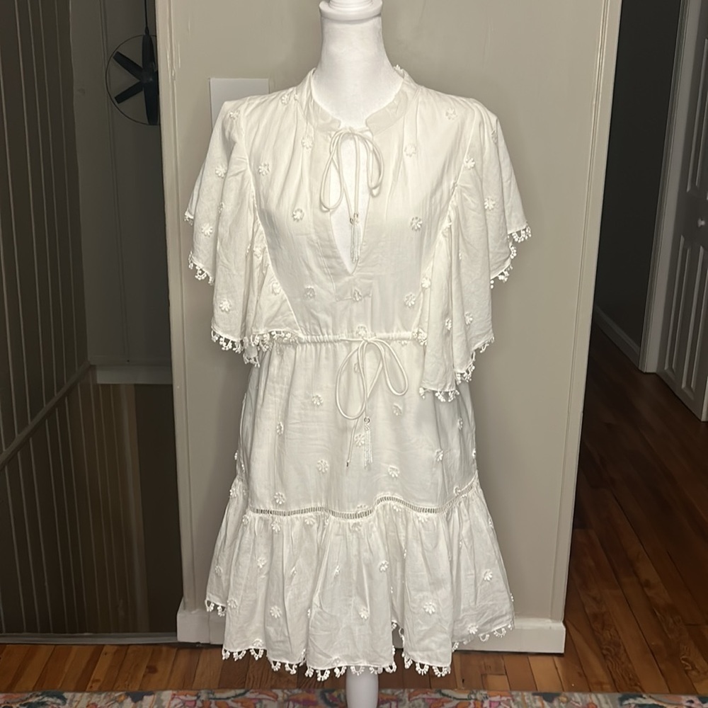 Farm Rio 3D Flower Floral Embroidered Eyelet Cotton Beaded Tie Dress Size Small - Picture 11 of 11